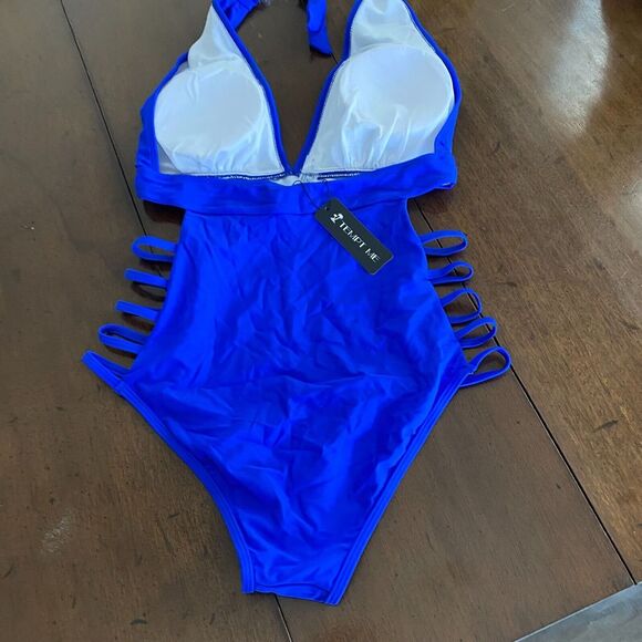 Tempt Me One Piece Swimsuit Women Medium Blue Ladder Sides Halter Neck Stretch - Picture 4 of 7